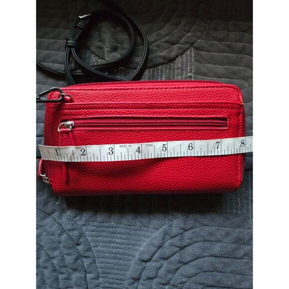 Buxton Red Vegan Leather Zip Around RFID Wallet w/Black Strap - Picture 7 of 9